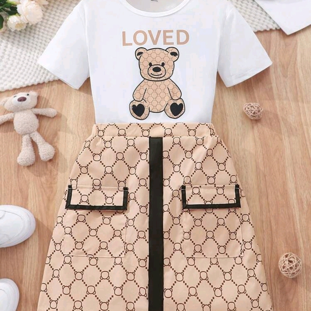 White T-Shirt with Bear Print and Tan Skirt Set